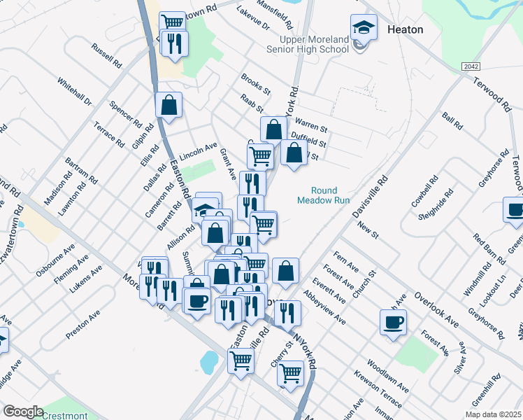 map of restaurants, bars, coffee shops, grocery stores, and more near 424 York Road in Willow Grove