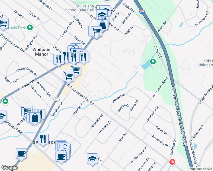 map of restaurants, bars, coffee shops, grocery stores, and more near 712 Elmway Circle in Blue Bell