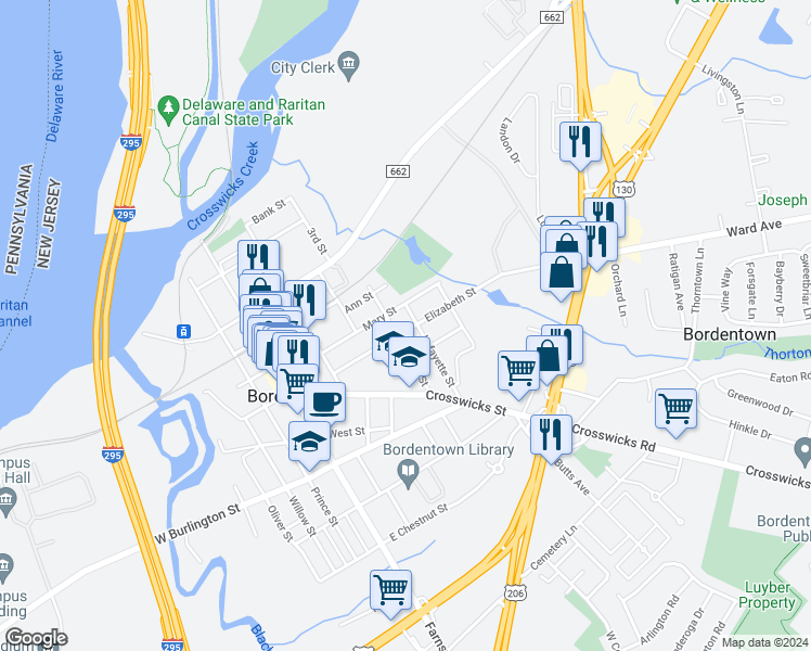 map of restaurants, bars, coffee shops, grocery stores, and more near 109 Elizabeth Street in Bordentown