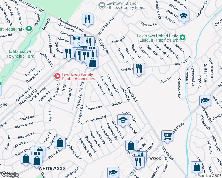 map of restaurants, bars, coffee shops, grocery stores, and more near 32 Gaping Rock Road in Levittown