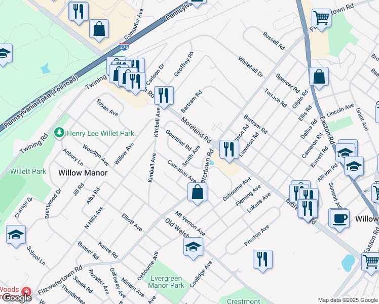 map of restaurants, bars, coffee shops, grocery stores, and more near 2928 Goentner Road in Willow Grove