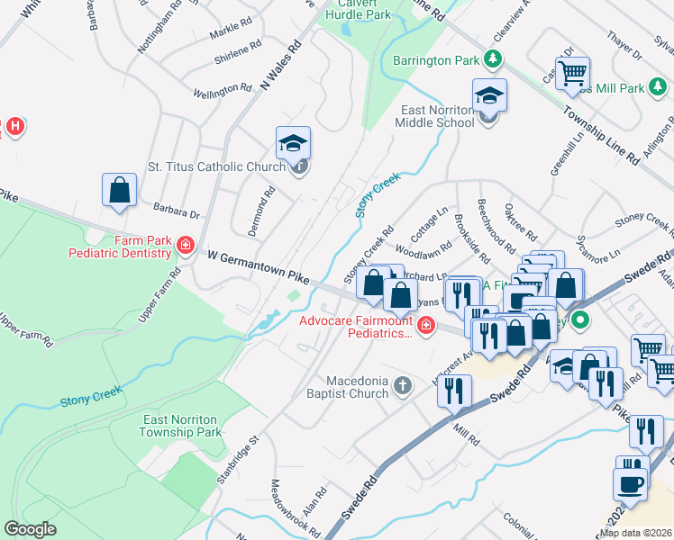 map of restaurants, bars, coffee shops, grocery stores, and more near 2930 Felton Road in Norristown