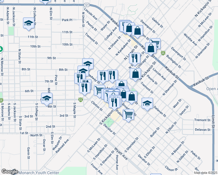 map of restaurants, bars, coffee shops, grocery stores, and more near 501 Pekin Street in Lincoln