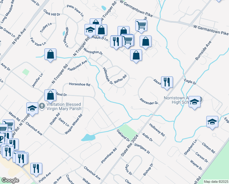 map of restaurants, bars, coffee shops, grocery stores, and more near 1405 Sentry Lane in Norristown