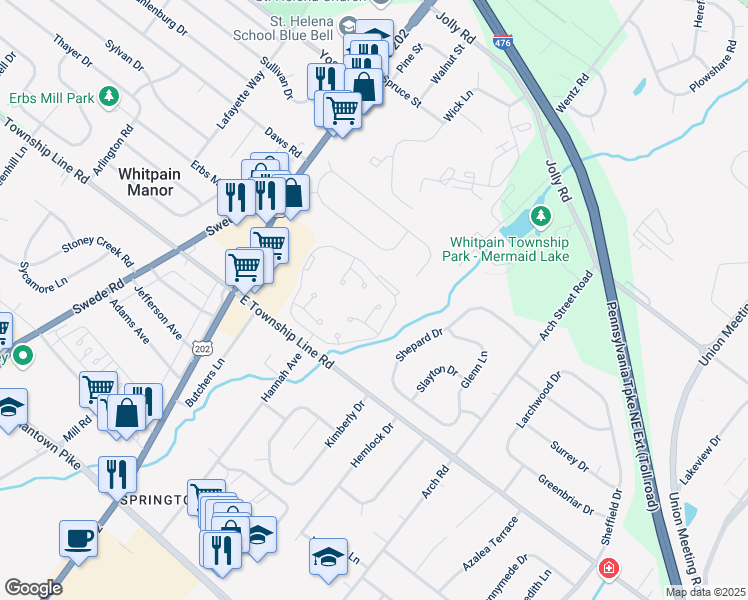 map of restaurants, bars, coffee shops, grocery stores, and more near 703 Elmway Circle in Blue Bell