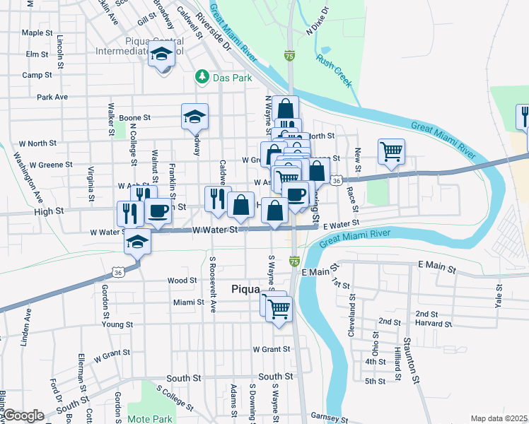 map of restaurants, bars, coffee shops, grocery stores, and more near 314 North Wayne Street in Piqua