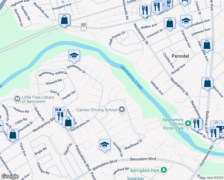 map of restaurants, bars, coffee shops, grocery stores, and more near 6565 Senator Ln in Bensalem