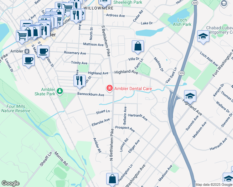 map of restaurants, bars, coffee shops, grocery stores, and more near 506 Brookwood Drive in Ambler
