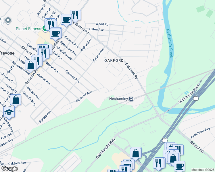 map of restaurants, bars, coffee shops, grocery stores, and more near 4525 Magnolia Avenue in Bucks County