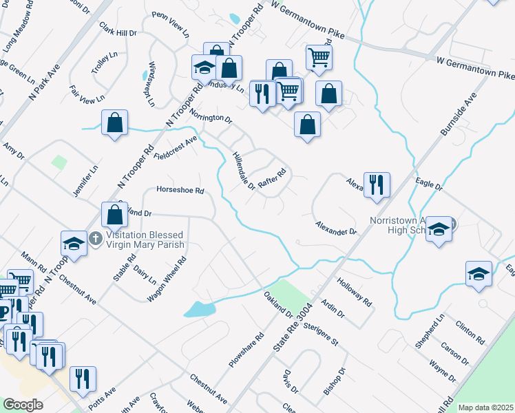 map of restaurants, bars, coffee shops, grocery stores, and more near 1405 Sentry Lane in Norristown
