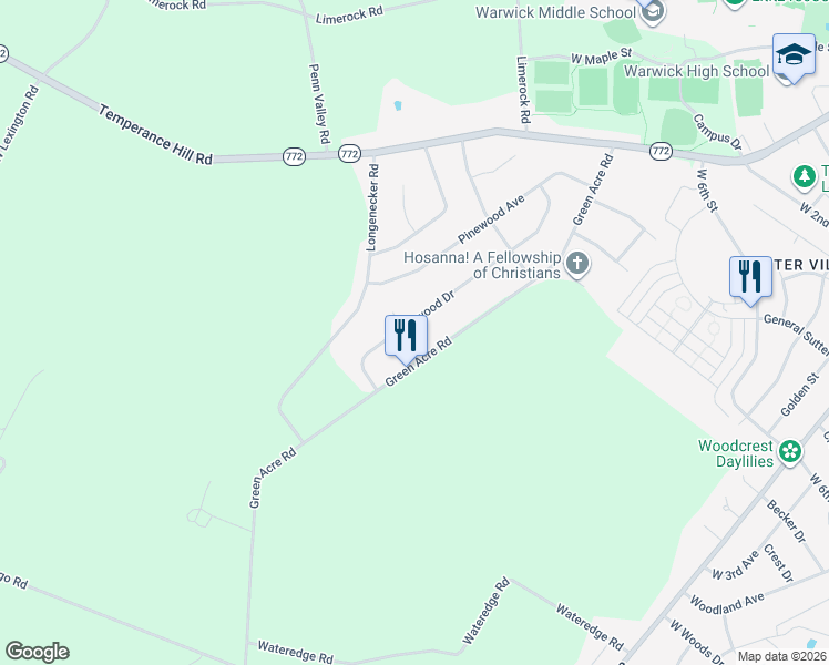 map of restaurants, bars, coffee shops, grocery stores, and more near 2 Sycamore Circle in Lititz