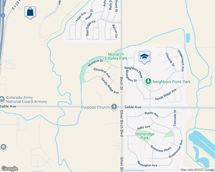 map of restaurants, bars, coffee shops, grocery stores, and more near 4880 Sandy Ridge Avenue in Longmont