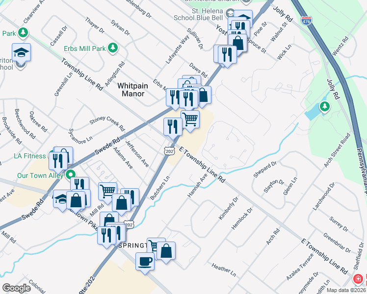 map of restaurants, bars, coffee shops, grocery stores, and more near in East Norriton
