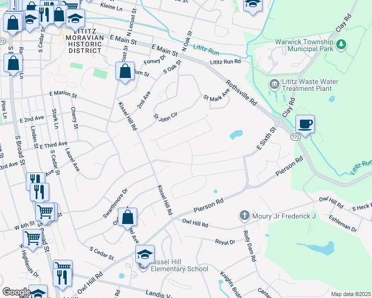 map of restaurants, bars, coffee shops, grocery stores, and more near 636 Lititz Reserve Lane in Lititz