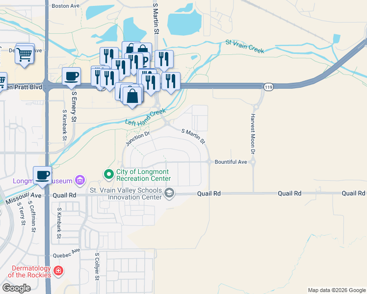 map of restaurants, bars, coffee shops, grocery stores, and more near 39 Sugar Beet Circle in Longmont