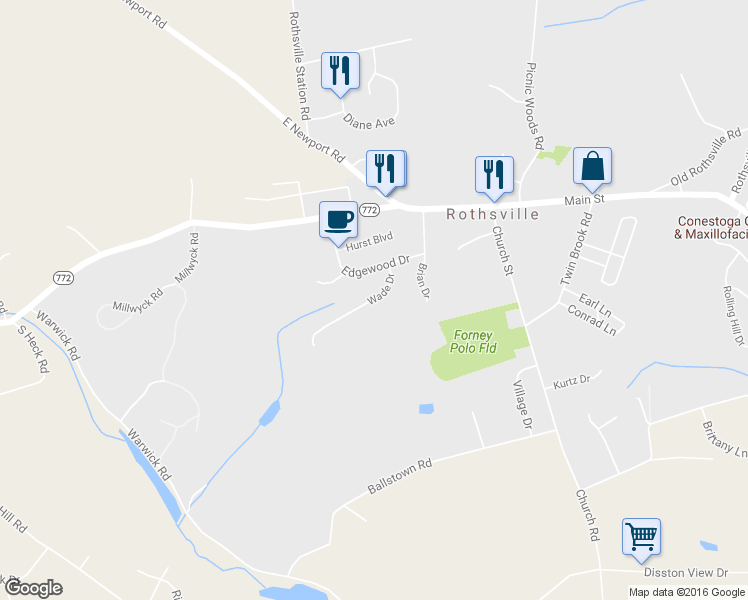 map of restaurants, bars, coffee shops, grocery stores, and more near 15 Wade Drive in Lititz