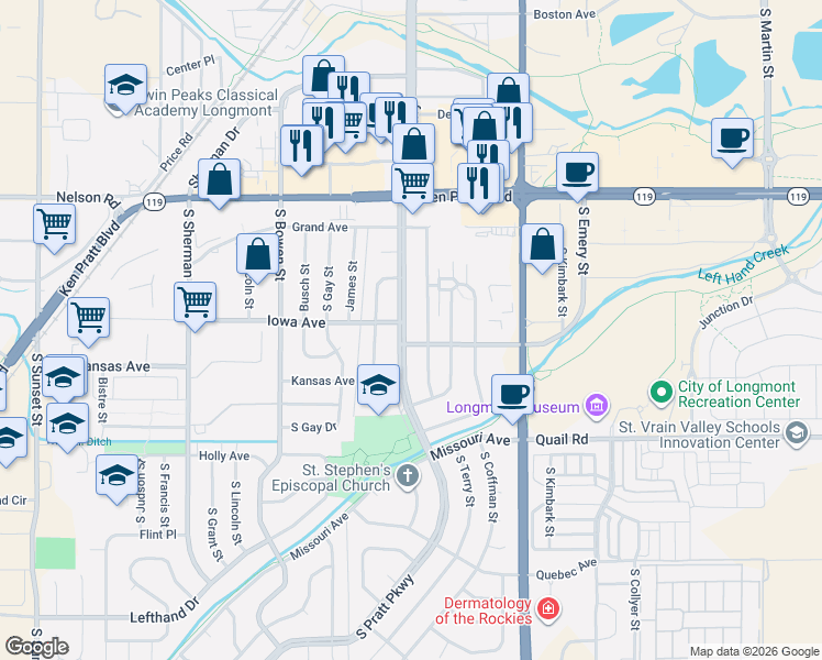 map of restaurants, bars, coffee shops, grocery stores, and more near 825 South Terry Street in Longmont