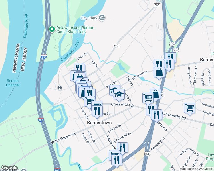 map of restaurants, bars, coffee shops, grocery stores, and more near 20 Ann Street in Bordentown