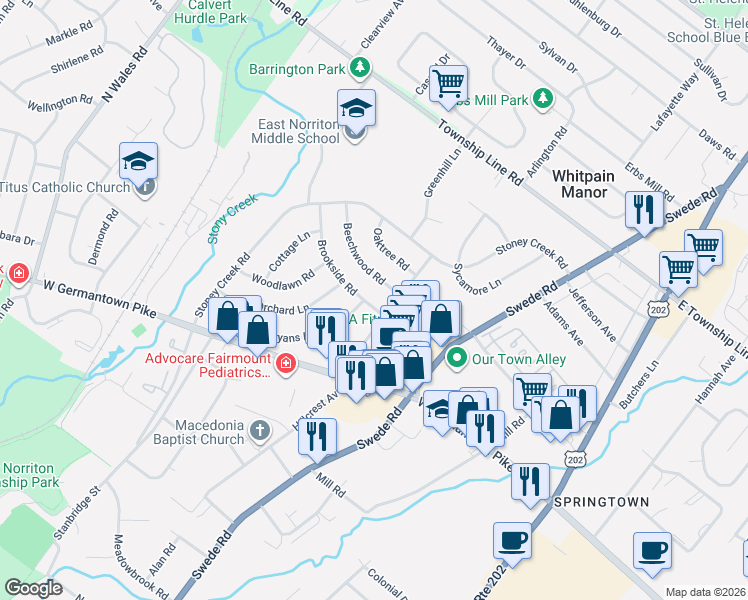 map of restaurants, bars, coffee shops, grocery stores, and more near 205 Beechwood Road in Norristown