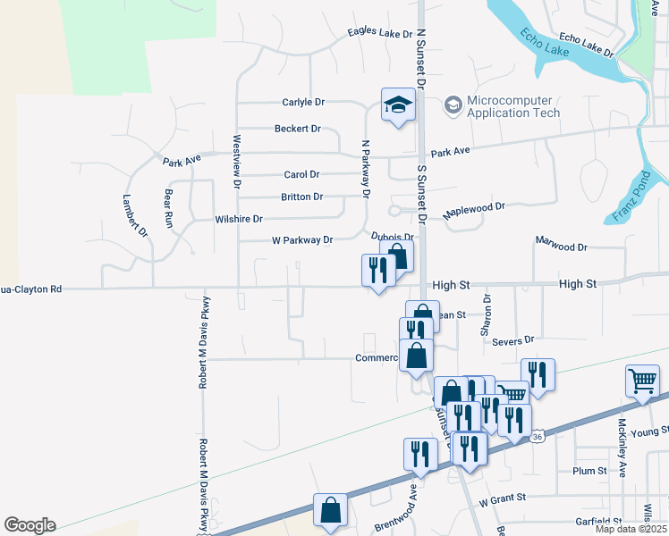 map of restaurants, bars, coffee shops, grocery stores, and more near 1805 West Parkway Drive in Piqua