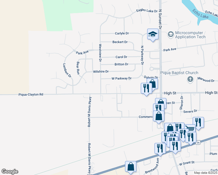 map of restaurants, bars, coffee shops, grocery stores, and more near 335 Westview Drive in Piqua