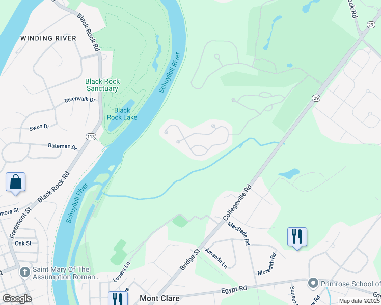 map of restaurants, bars, coffee shops, grocery stores, and more near 38 Quail Drive South in Phoenixville