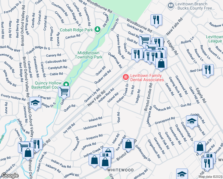 map of restaurants, bars, coffee shops, grocery stores, and more near 68 Indian Red Road in Levittown