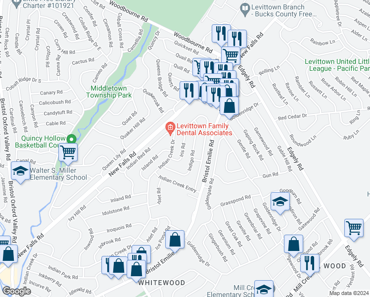 map of restaurants, bars, coffee shops, grocery stores, and more near 22 Iris Road in Levittown