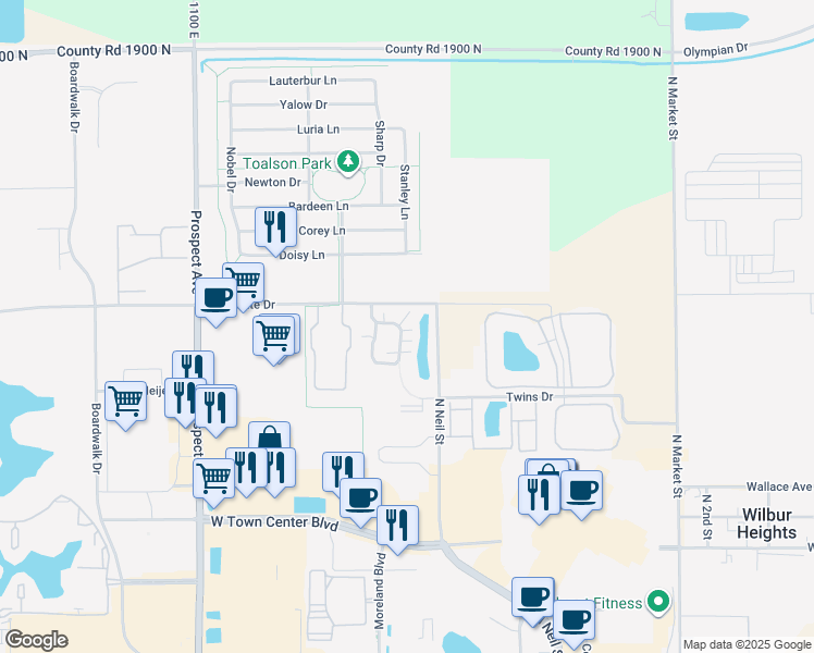 map of restaurants, bars, coffee shops, grocery stores, and more near 2734 JT Coffman Drive in Champaign