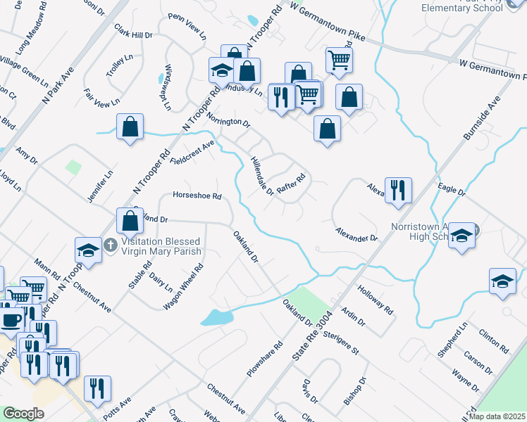 map of restaurants, bars, coffee shops, grocery stores, and more near 1501 Cranberry Drive in Norristown