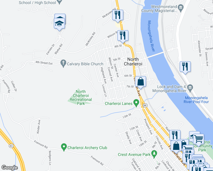 map of restaurants, bars, coffee shops, grocery stores, and more near 656 Highland Avenue in North Charleroi