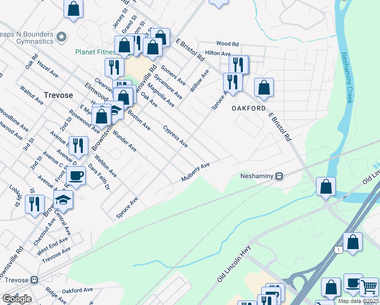 map of restaurants, bars, coffee shops, grocery stores, and more near 4646 Cypress Avenue in Bucks County