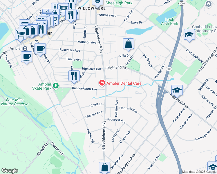 map of restaurants, bars, coffee shops, grocery stores, and more near 508 Brookwood Drive in Ambler