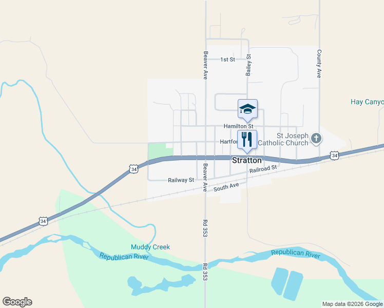 map of restaurants, bars, coffee shops, grocery stores, and more near Hartford Street in Stratton