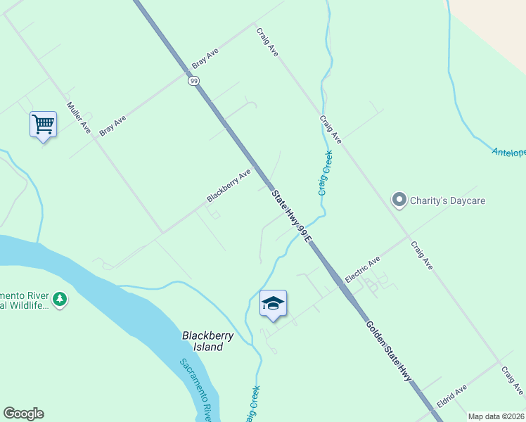 map of restaurants, bars, coffee shops, grocery stores, and more near 12255 Golden State Highway in Red Bluff