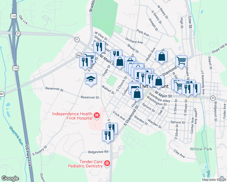 map of restaurants, bars, coffee shops, grocery stores, and more near 122 South Church Street in Mount Pleasant