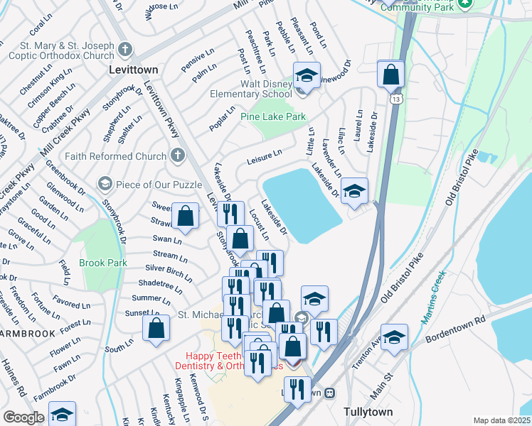 map of restaurants, bars, coffee shops, grocery stores, and more near 474 Lakeside Drive in Levittown