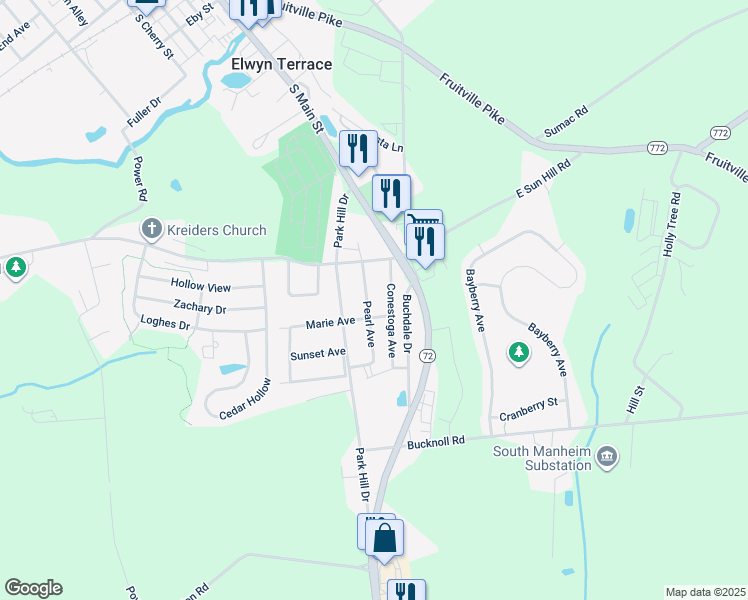 map of restaurants, bars, coffee shops, grocery stores, and more near 753 Pearl Avenue in Manheim