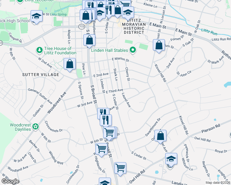 map of restaurants, bars, coffee shops, grocery stores, and more near 445 South Cedar Street in Lititz