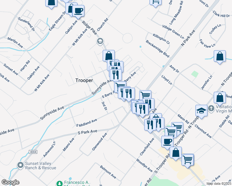 map of restaurants, bars, coffee shops, grocery stores, and more near 20 South Barry Avenue in Norristown