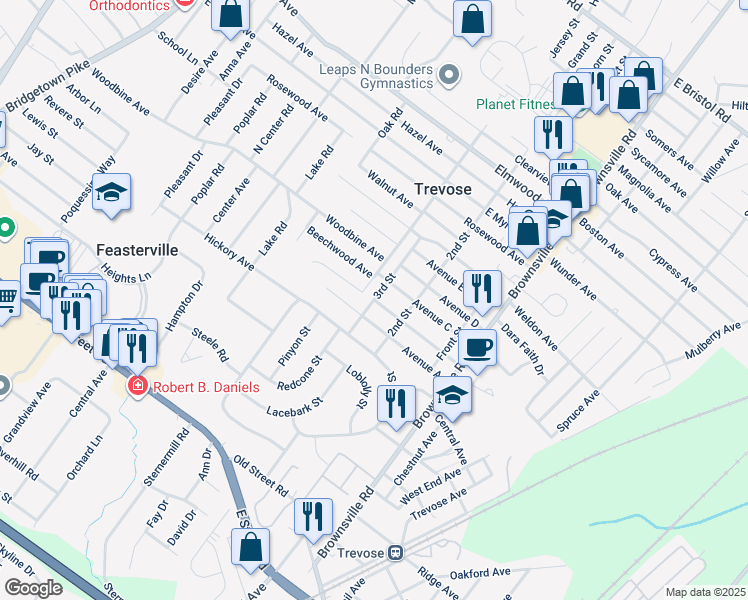 map of restaurants, bars, coffee shops, grocery stores, and more near 501 Avenue B in Feasterville-Trevose