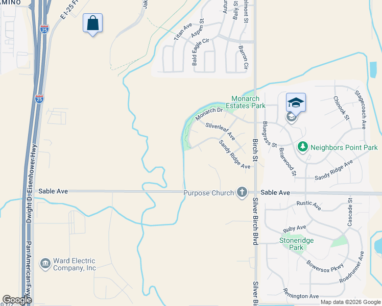 map of restaurants, bars, coffee shops, grocery stores, and more near 4711 Sandy Ridge Avenue in Longmont