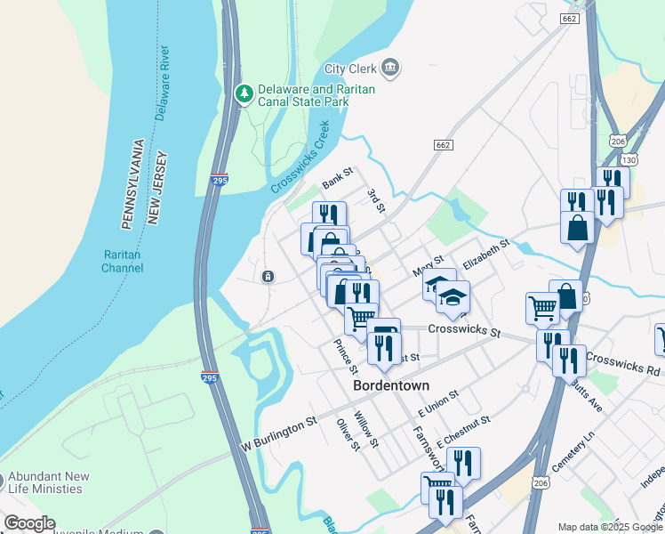 map of restaurants, bars, coffee shops, grocery stores, and more near 1-5 Park Street in Bordentown