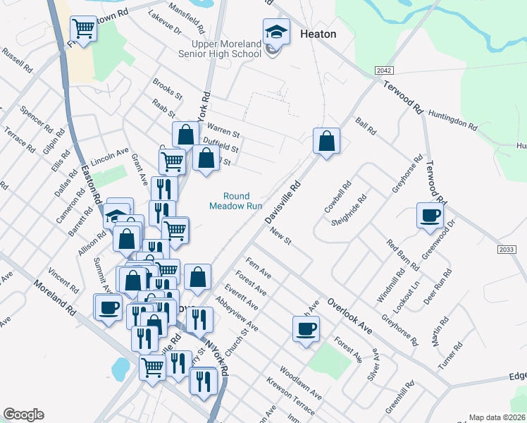 map of restaurants, bars, coffee shops, grocery stores, and more near 538 Davisville Road in Willow Grove