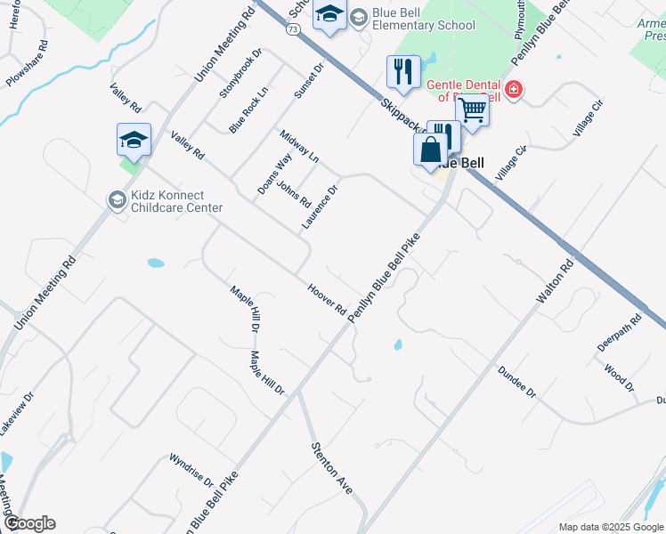 map of restaurants, bars, coffee shops, grocery stores, and more near 1145 Penllyn Blue Bell Pike in Blue Bell