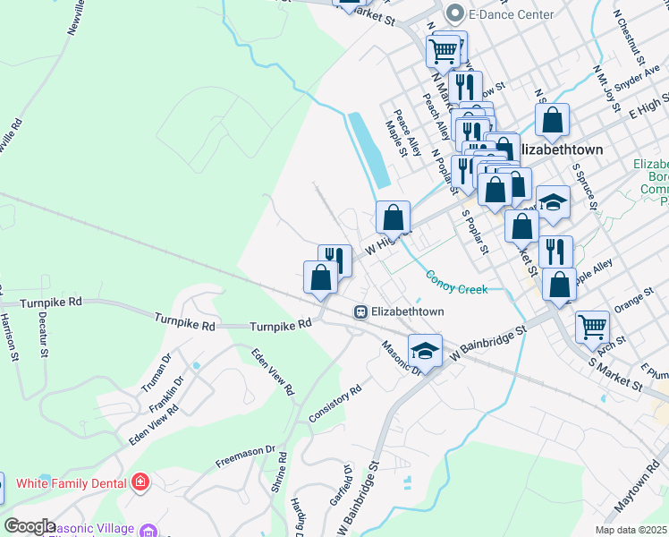map of restaurants, bars, coffee shops, grocery stores, and more near 20 Hess Avenue in Elizabethtown