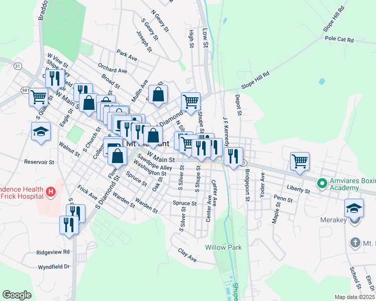 map of restaurants, bars, coffee shops, grocery stores, and more near 216 West Smithfield Street in Mount Pleasant