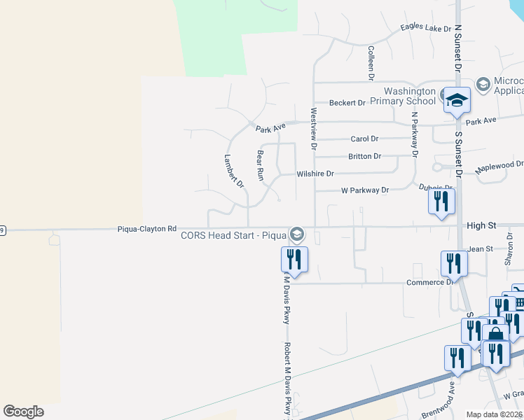 map of restaurants, bars, coffee shops, grocery stores, and more near 2112 Wilshire Drive in Piqua