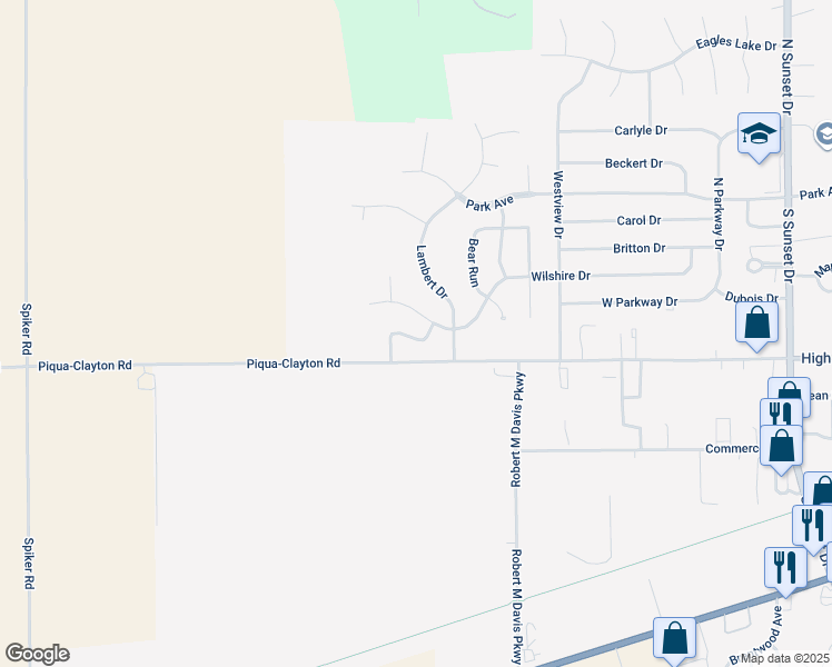 map of restaurants, bars, coffee shops, grocery stores, and more near 2212 Wilshire Drive in Piqua