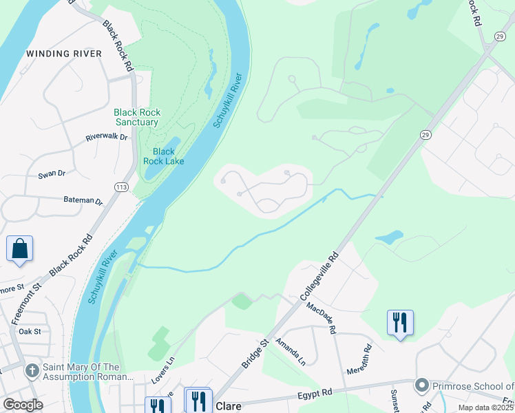 map of restaurants, bars, coffee shops, grocery stores, and more near 44 Quail Drive South in Phoenixville
